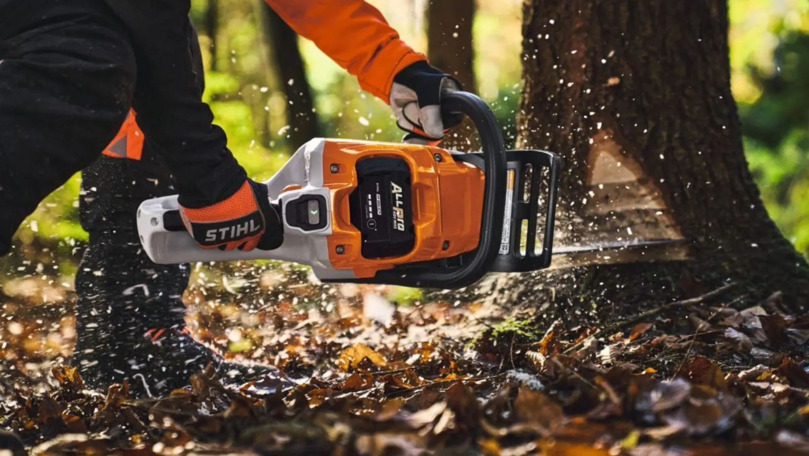 Professional operator using the STIHL MSA 260 C-O cordless chainsaw to fell a tree in a woodland setting with wood chips flying.