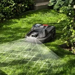 the Husqvarna Automower® Aspire™ R6V Robot Lawn Mower on a lawn, with a computer-generated graphic demonstrating its AI-vision capabilities