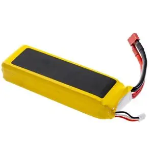 a yellow and black LiPo battery with red and black leads, against a white background