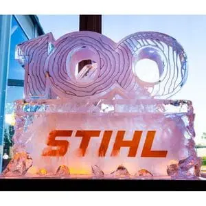 an ice sculpture celebrating STIHL's 100th anniversary
