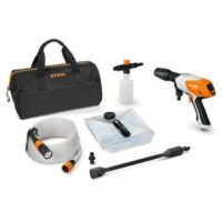 the STIHL RCA 20 Cordless Handheld Pressure Washer cleaning kit against a white background