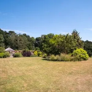a large garden with a sun-scorched lawn