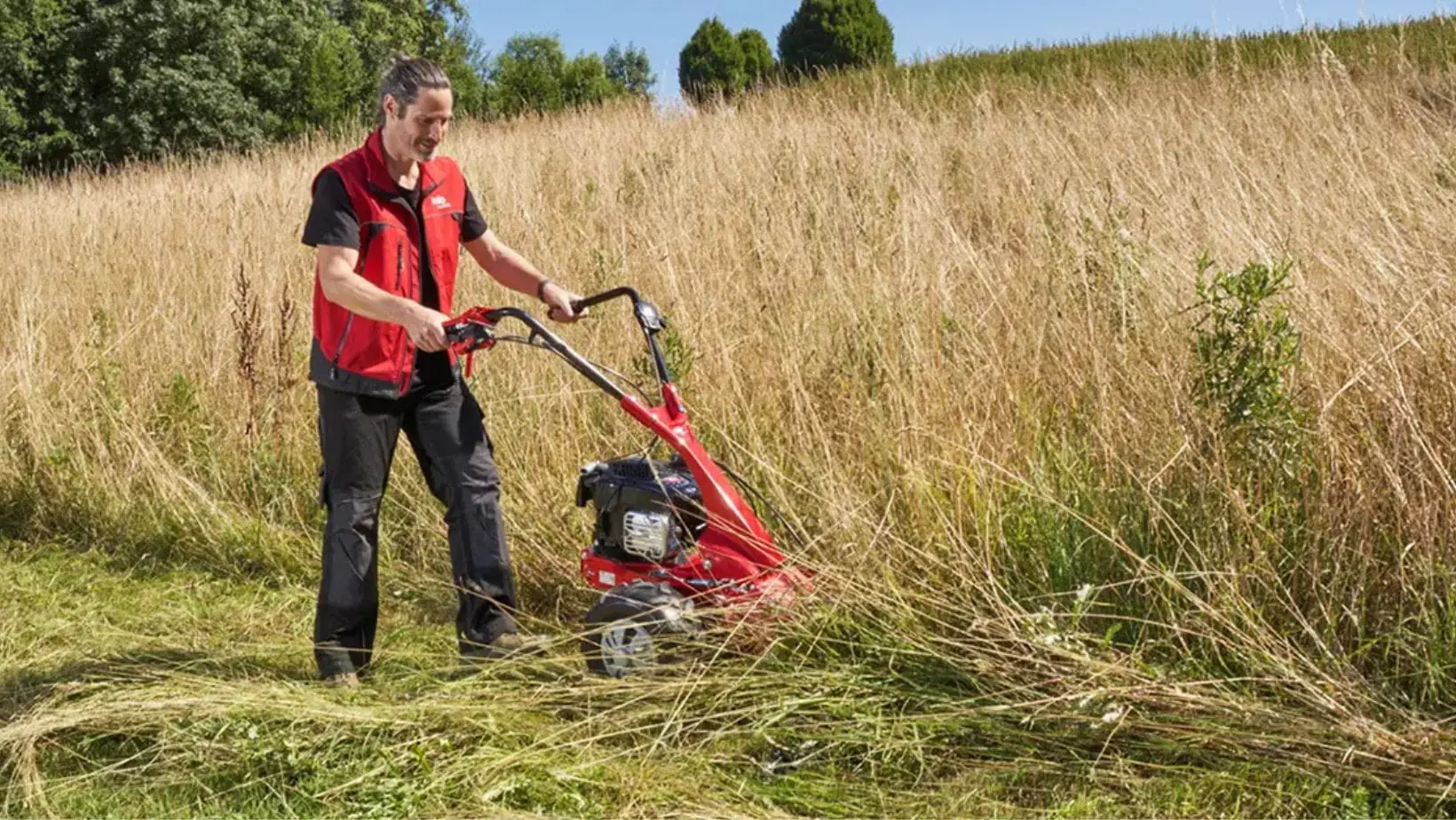 AL-KO BM 5001-R IV Petrol Scythe Mower 6 (1) a man cutting long grass in a field using the AL-KO BM 5001-R IV Petrol Scythe Mower