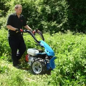 a man cutting down deep vegetation near some trees, using the BCS 618 Power Scythe
