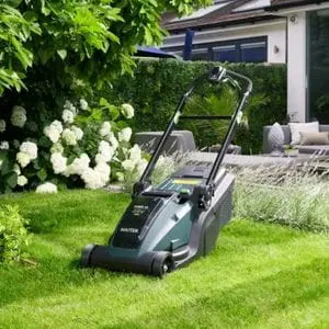 the Hayter Hawk 43 Cordless Lawnmower sat on a striped lawn, underneath a tree, with hydrangeas and a house in the background