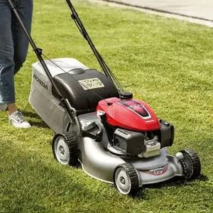 someone cutting a lawn with the Honda Izy HRG 466 SK Petrol Lawnmower