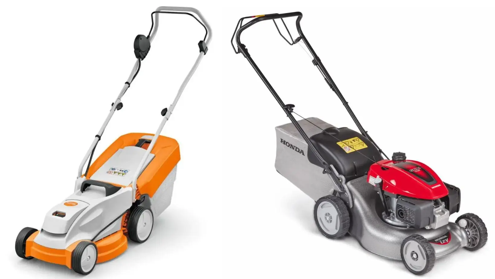 push vs self-propelled lawnmower (1) a STIHL push mower and Honda self-propelled lawnmower, facing away from each other and both against a white background