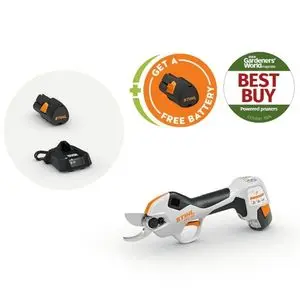 the STIHL ASA 20 Cordless Secateurs, a STIHL AS 2 Battery and AL 1 Charger, advert for a free battery, and sign saying 'Gardener's World Best Buy', all against a white background