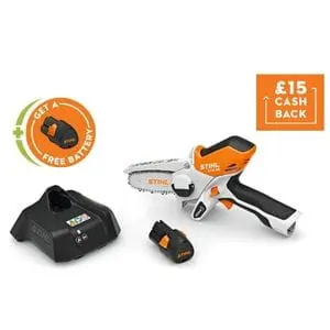 the STIHL GTA 26 Cordless Pruner, a STIHL AS 2 Battery and AL 1 Charger, and separate adverts for £15 cash back and a free battery, all against a white background