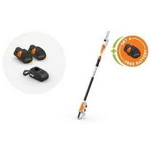 the STIHL HTA 30 Cordless Pole Pruner, 2 STIHL AS 2 Batteries and an ALS 31 Charger, and an advert for a free battery, all against a white background