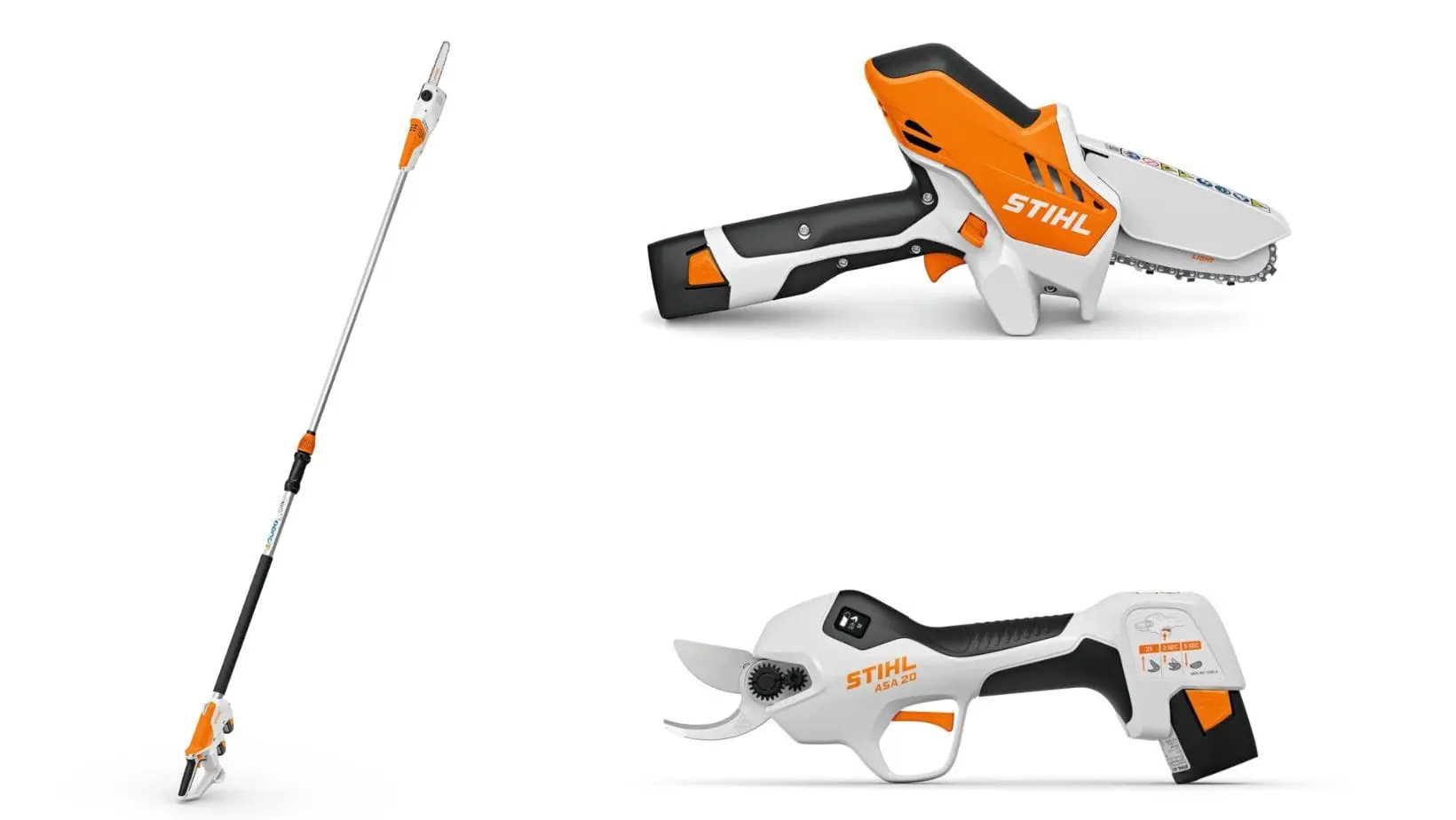 the STIHL HTA 30 Cordless Pole Pruner, STIHL GTA 26 Cordless Pruner and STIHL ASA 20 Cordless Secateurs, all against a white background