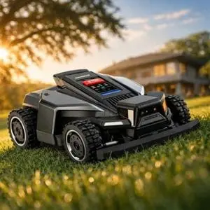 a Segway Navimow X450E Robotic Lawn Mower on a lawn bathed in hazy sunshine